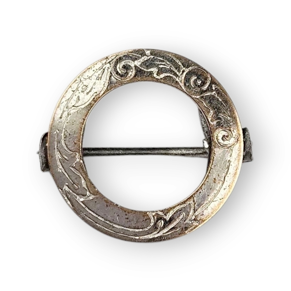Antique Edwardian Lingerie Pin Floral Engraved Circle Silver Plated Tiny 1/2"